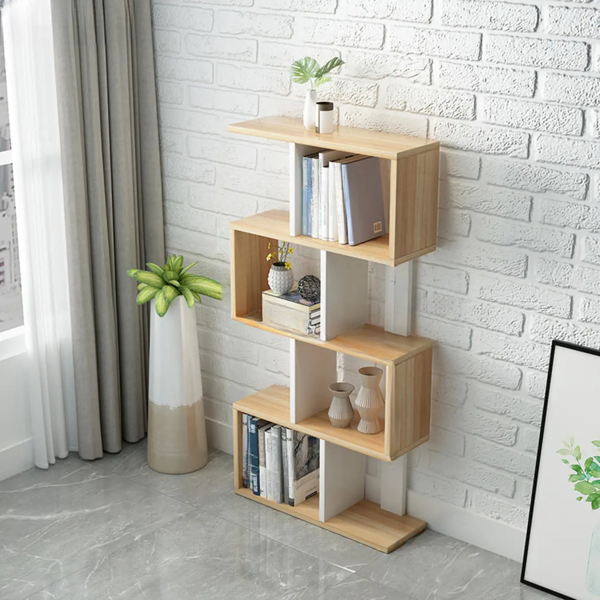 Natural Finish Stylish Tiered Open Geometric Bookshelf Image - 14