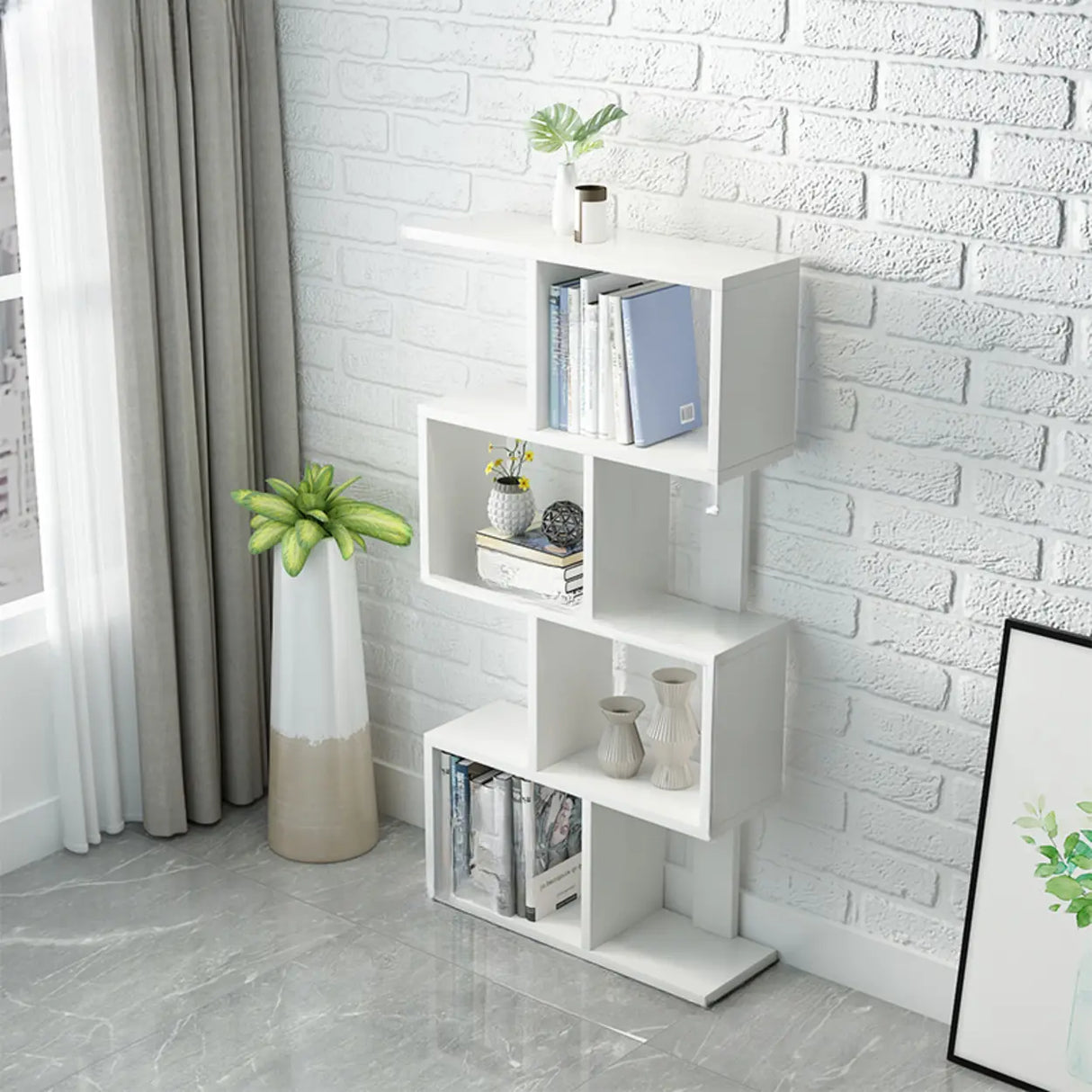 Natural Finish Stylish Tiered Open Geometric Bookshelf Image - 16