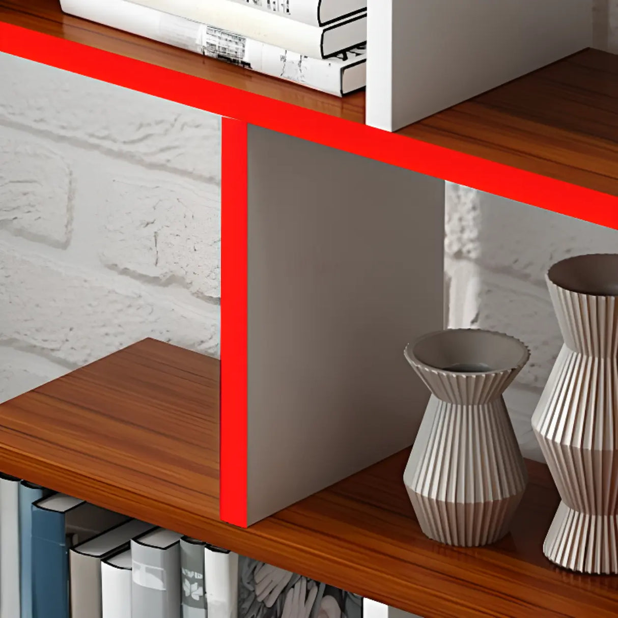 Natural Finish Stylish Tiered Open Geometric Bookshelf Image - 17