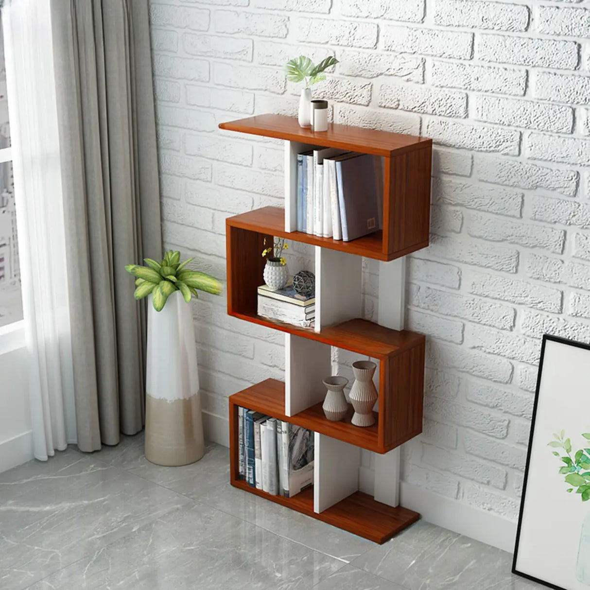 Natural Finish Stylish Tiered Open Geometric Bookshelf Image - 18