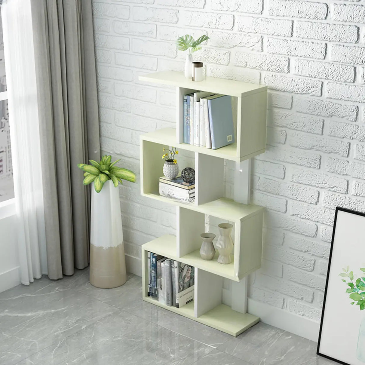 Natural Finish Stylish Tiered Open Geometric Bookshelf Image - 19