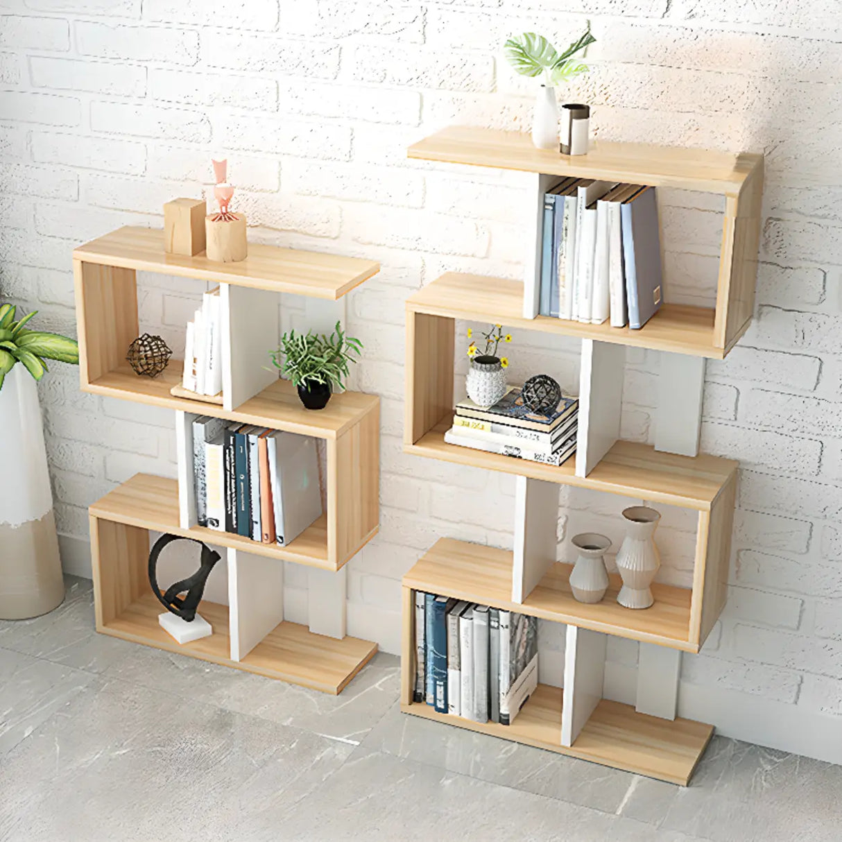 Natural Finish Stylish Tiered Open Geometric Bookshelf Image - 1
