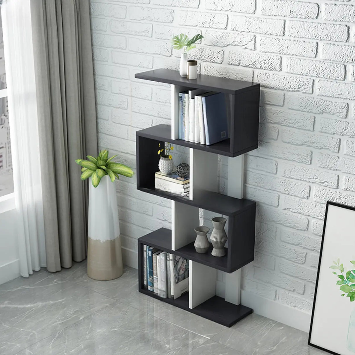Natural Finish Stylish Tiered Open Geometric Bookshelf Image - 20