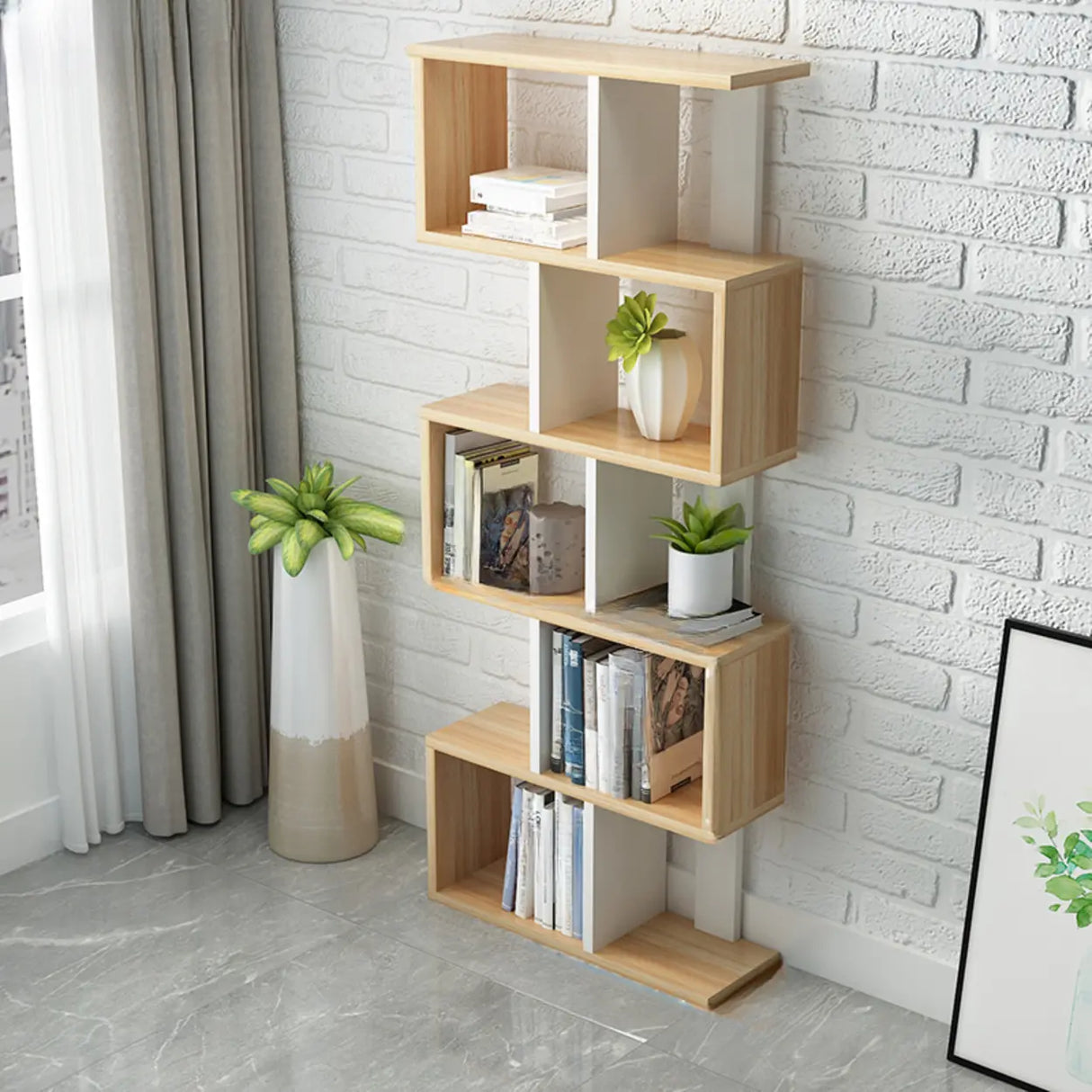 Natural Finish Stylish Tiered Open Geometric Bookshelf Image - 22