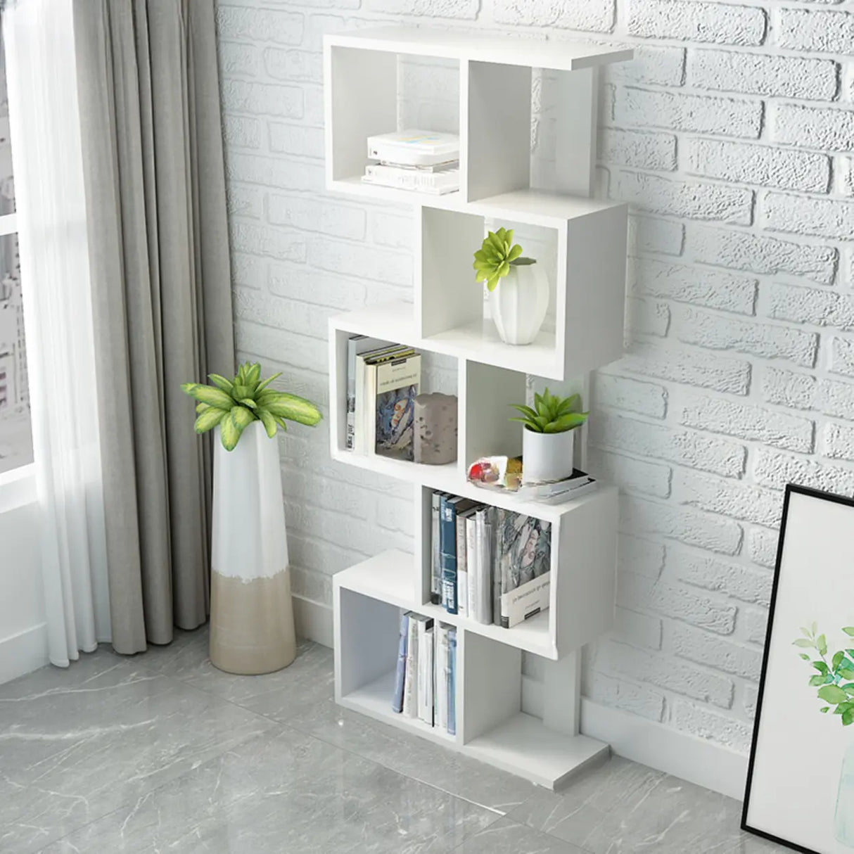Natural Finish Stylish Tiered Open Geometric Bookshelf Image - 23