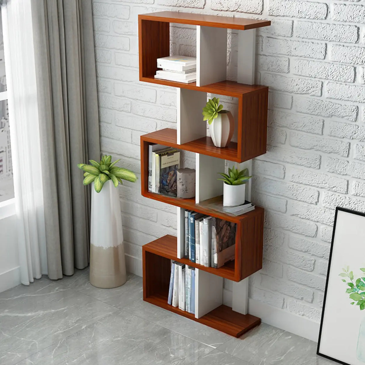 Natural Finish Stylish Tiered Open Geometric Bookshelf Image - 24
