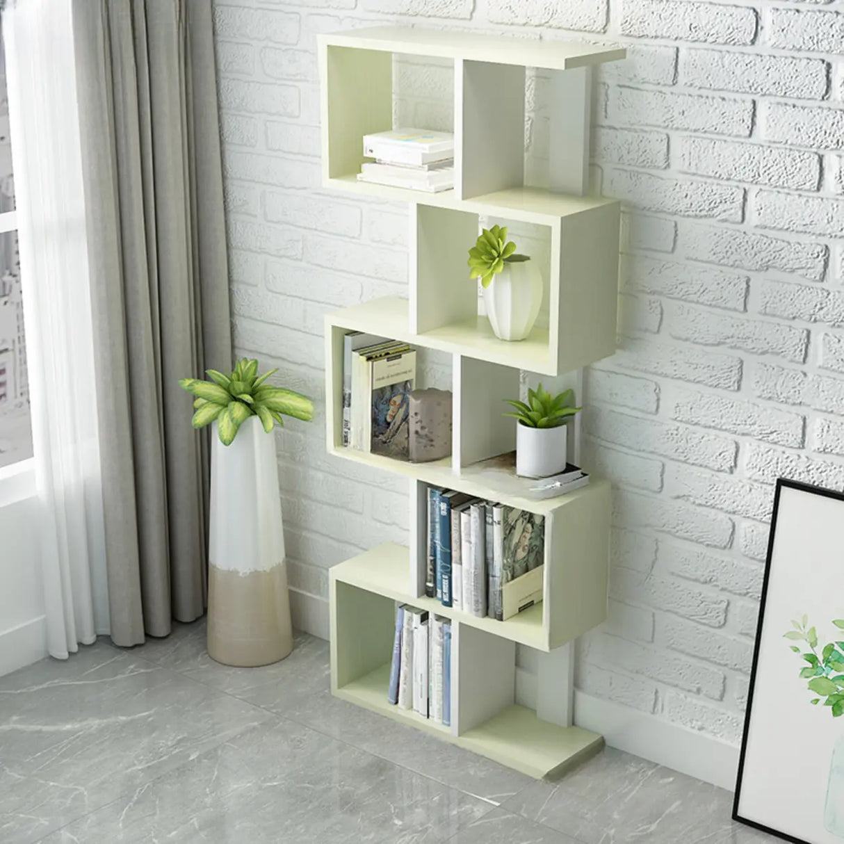 Natural Finish Stylish Tiered Open Geometric Bookshelf Image - 25