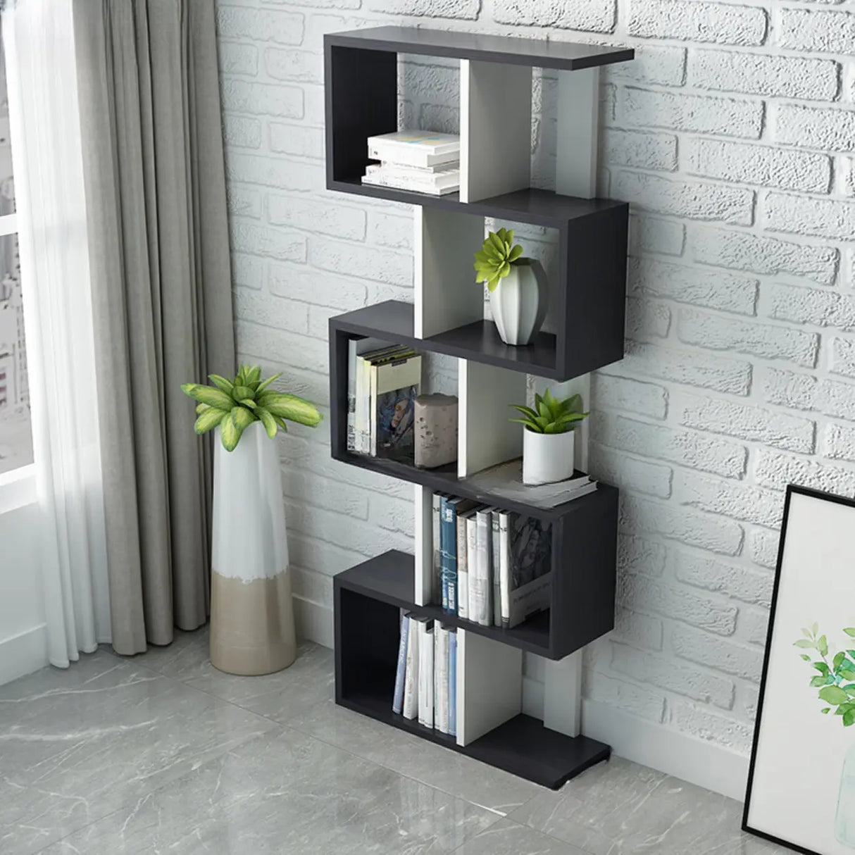 Natural Finish Stylish Tiered Open Geometric Bookshelf Image - 26