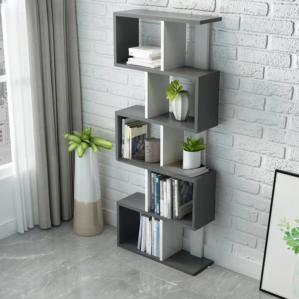 Natural Finish Stylish Tiered Open Geometric Bookshelf Image - 27