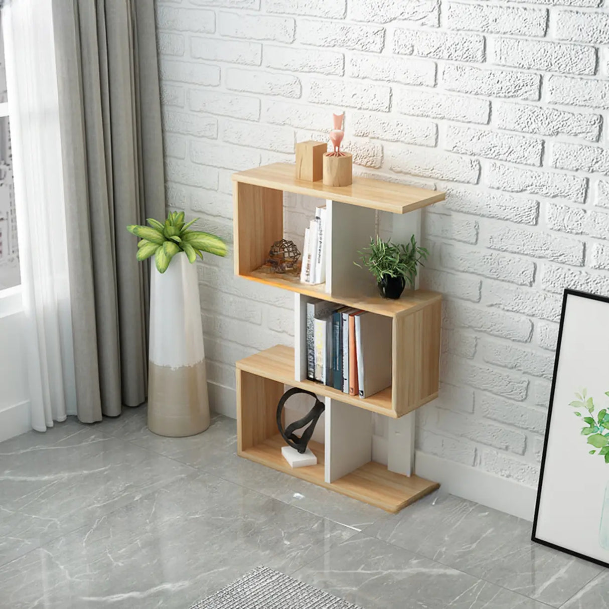 Natural Finish Stylish Tiered Open Geometric Bookshelf Image - 2