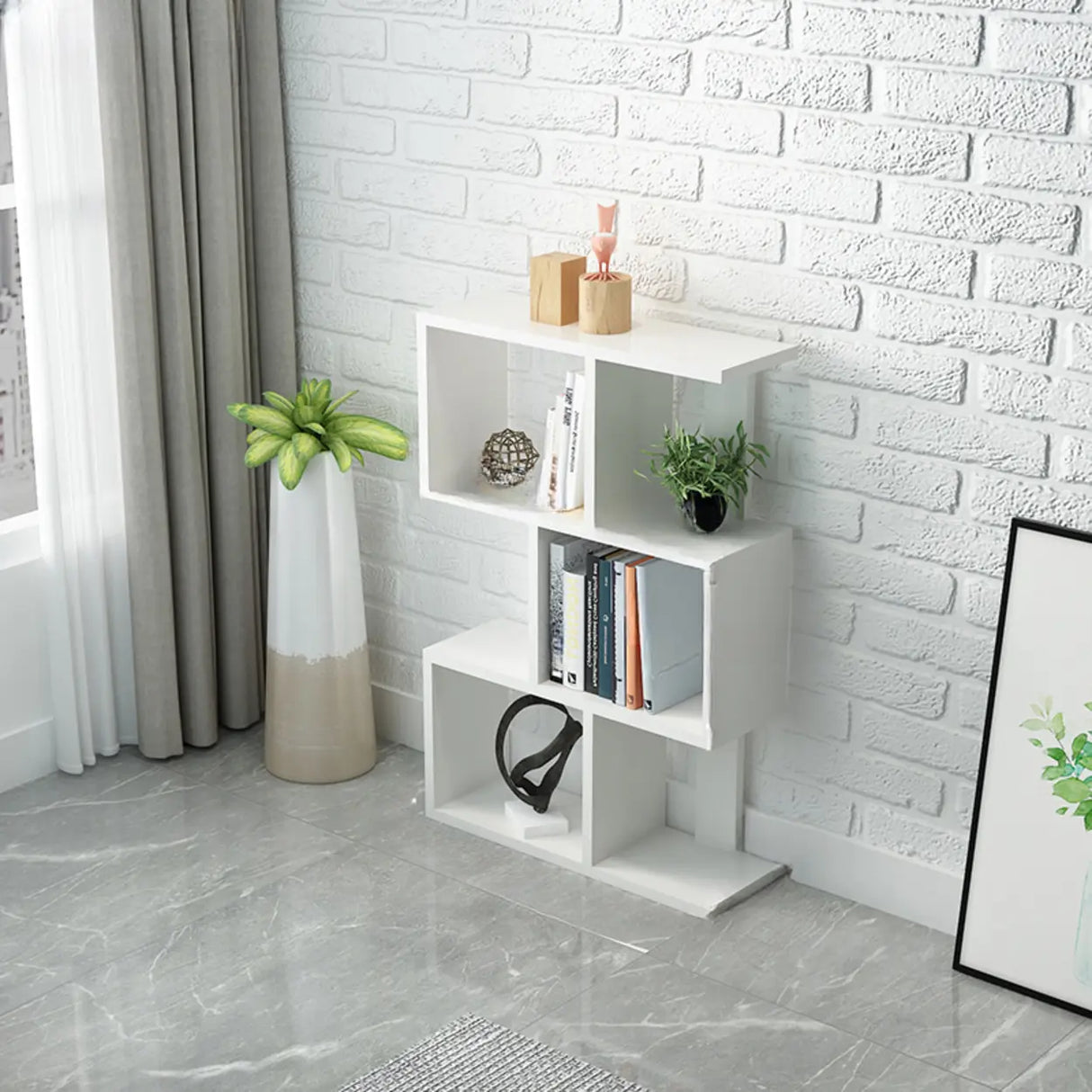 Natural Finish Stylish Tiered Open Geometric Bookshelf Image - 3