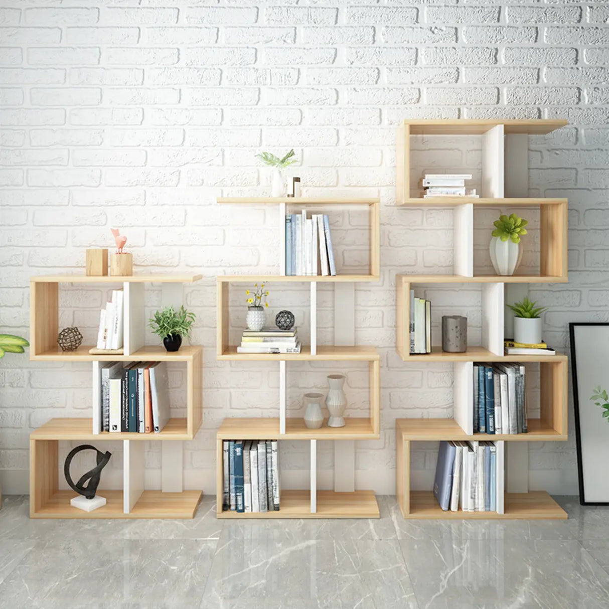 Natural Finish Stylish Tiered Open Geometric Bookshelf Image - 4
