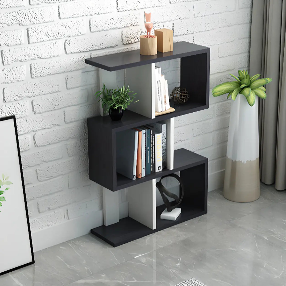 Natural Finish Stylish Tiered Open Geometric Bookshelf Image - 5