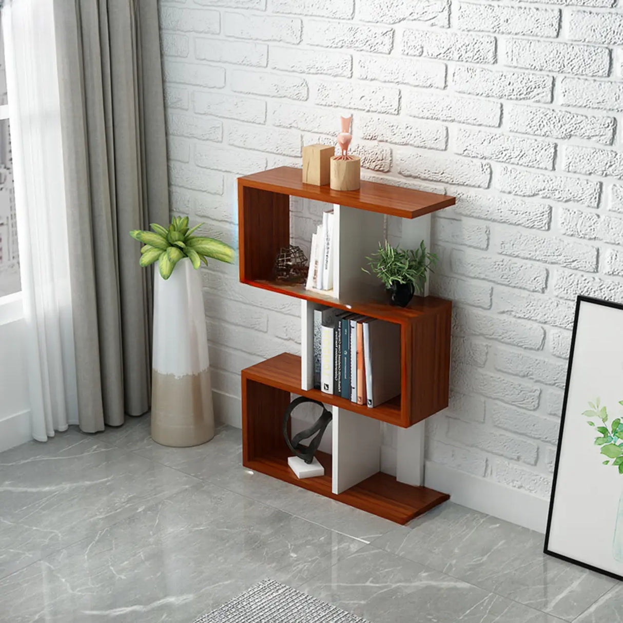 Natural Finish Stylish Tiered Open Geometric Bookshelf Image - 6