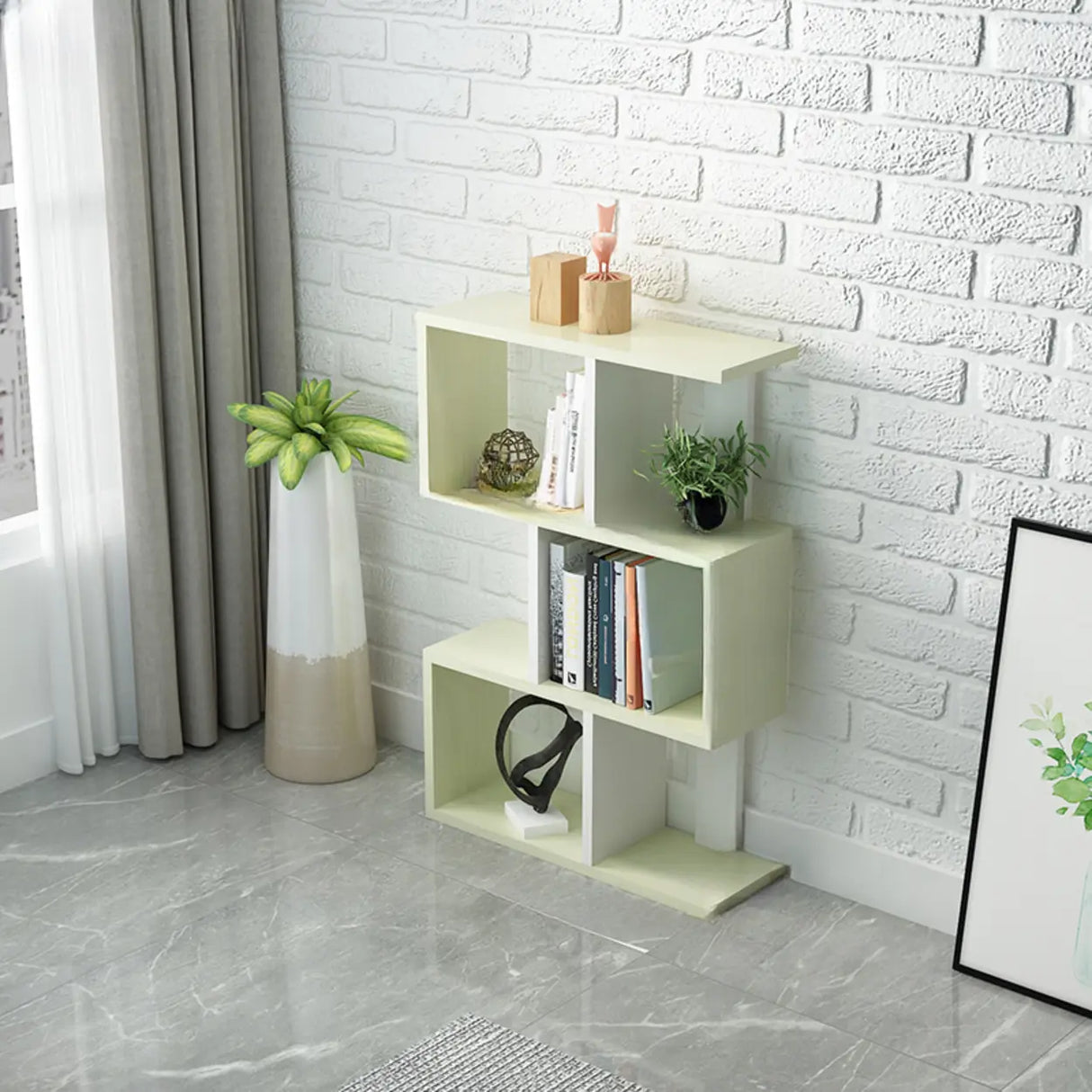 Natural Finish Stylish Tiered Open Geometric Bookshelf Image - 7