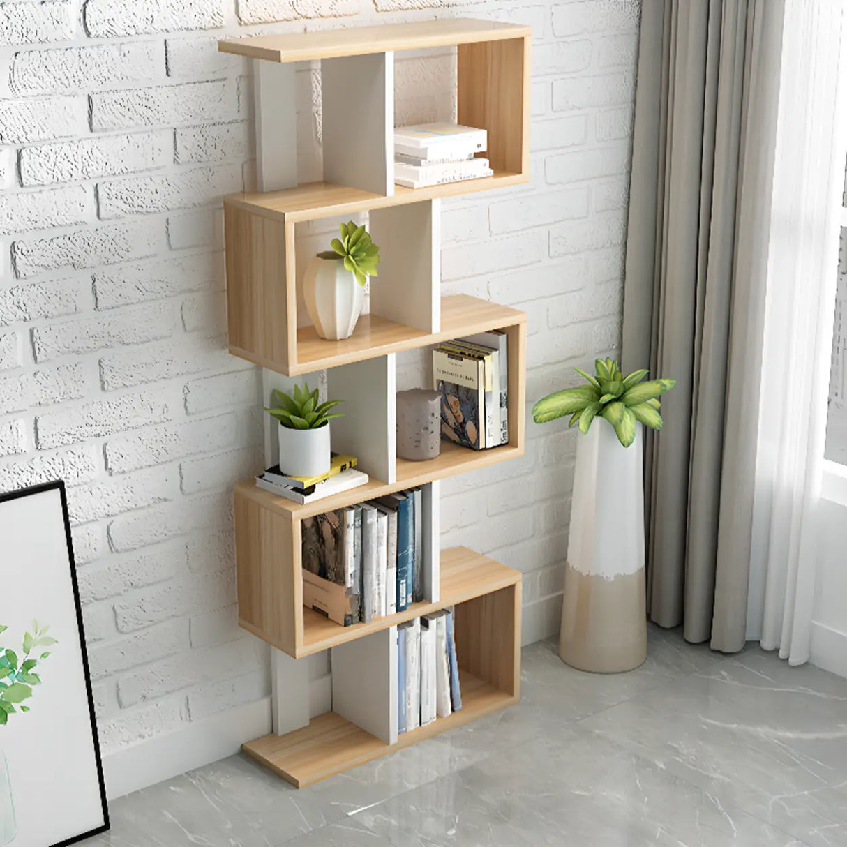 Natural Finish Stylish Tiered Open Geometric Bookshelf Image - 8