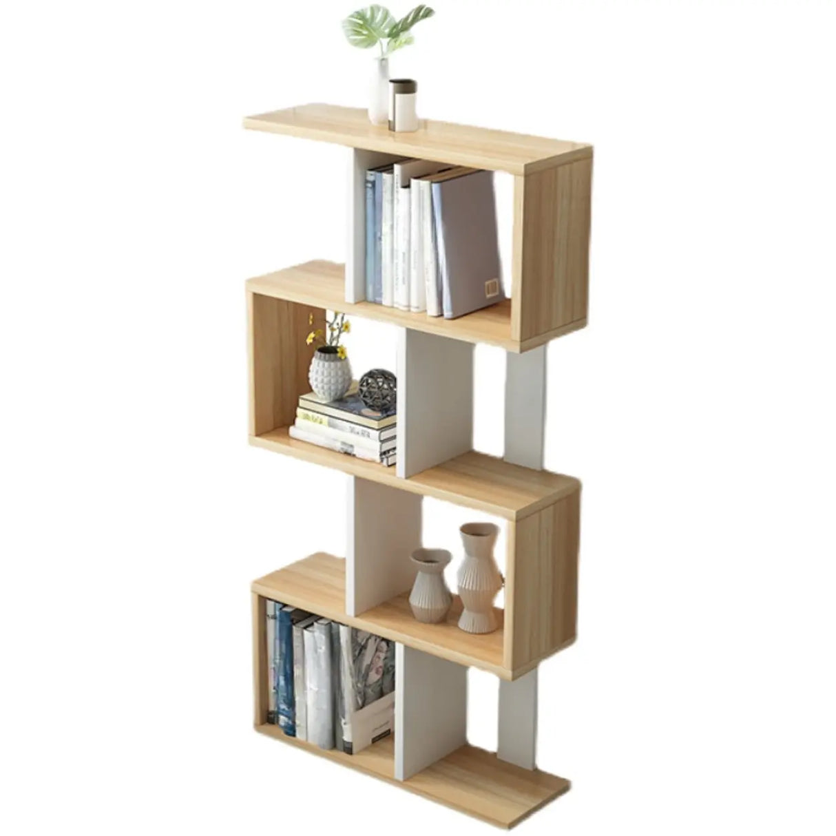 Natural Finish Stylish Tiered Open Geometric Bookshelf Image - 9