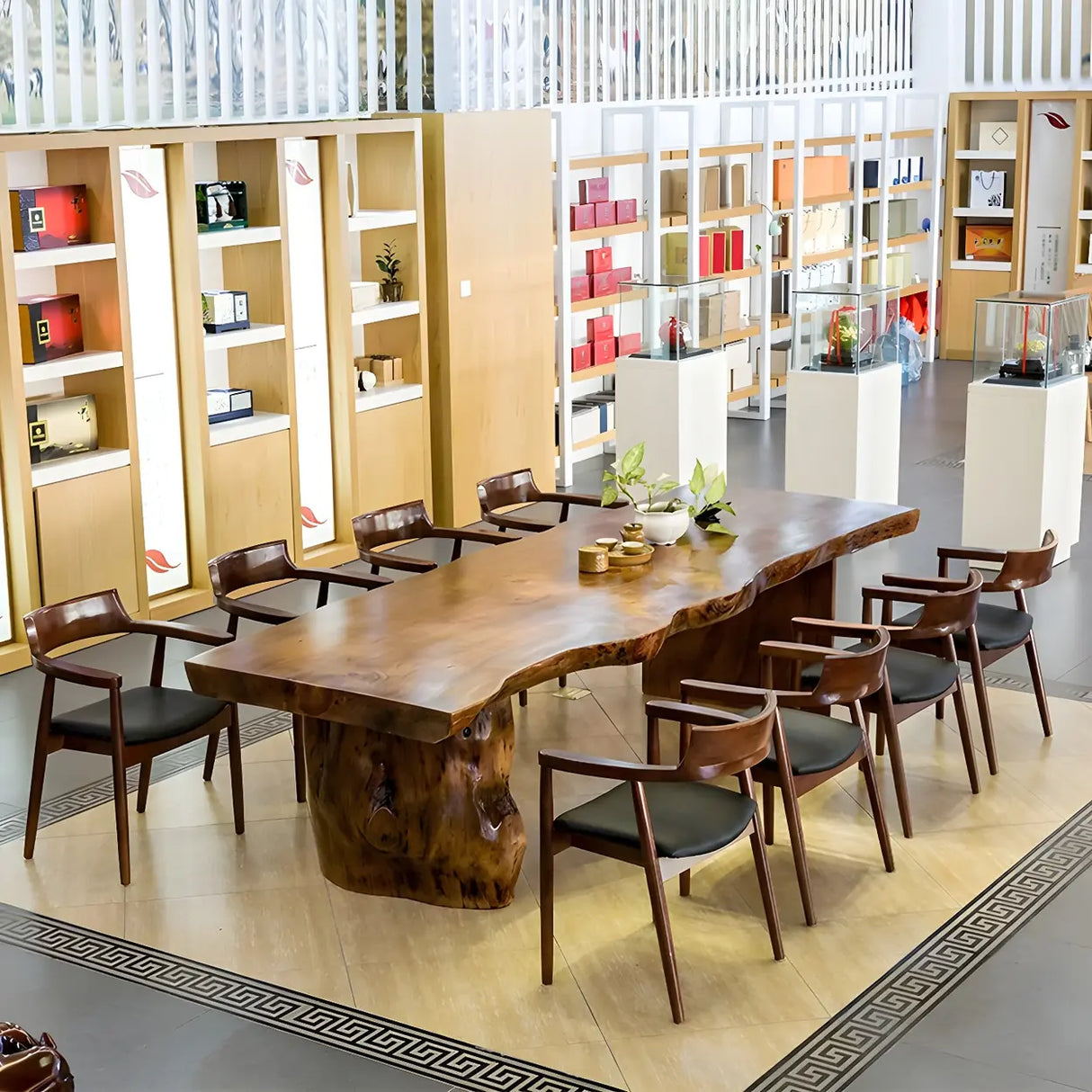 Natural Finish Wood Curved Multi-Person Meeting Desk Image - 2