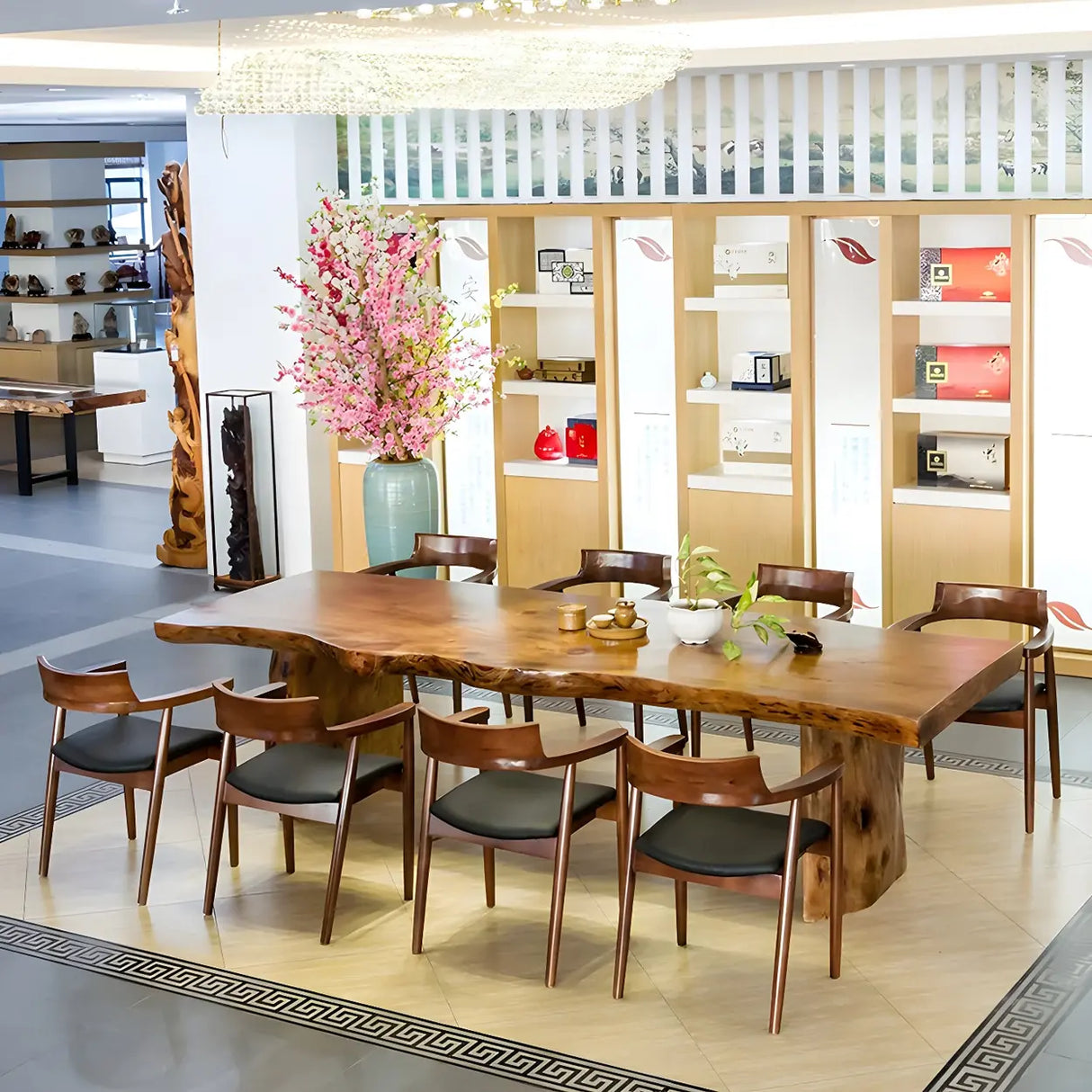 Natural Finish Wood Curved Multi-Person Meeting Desk Image - 3