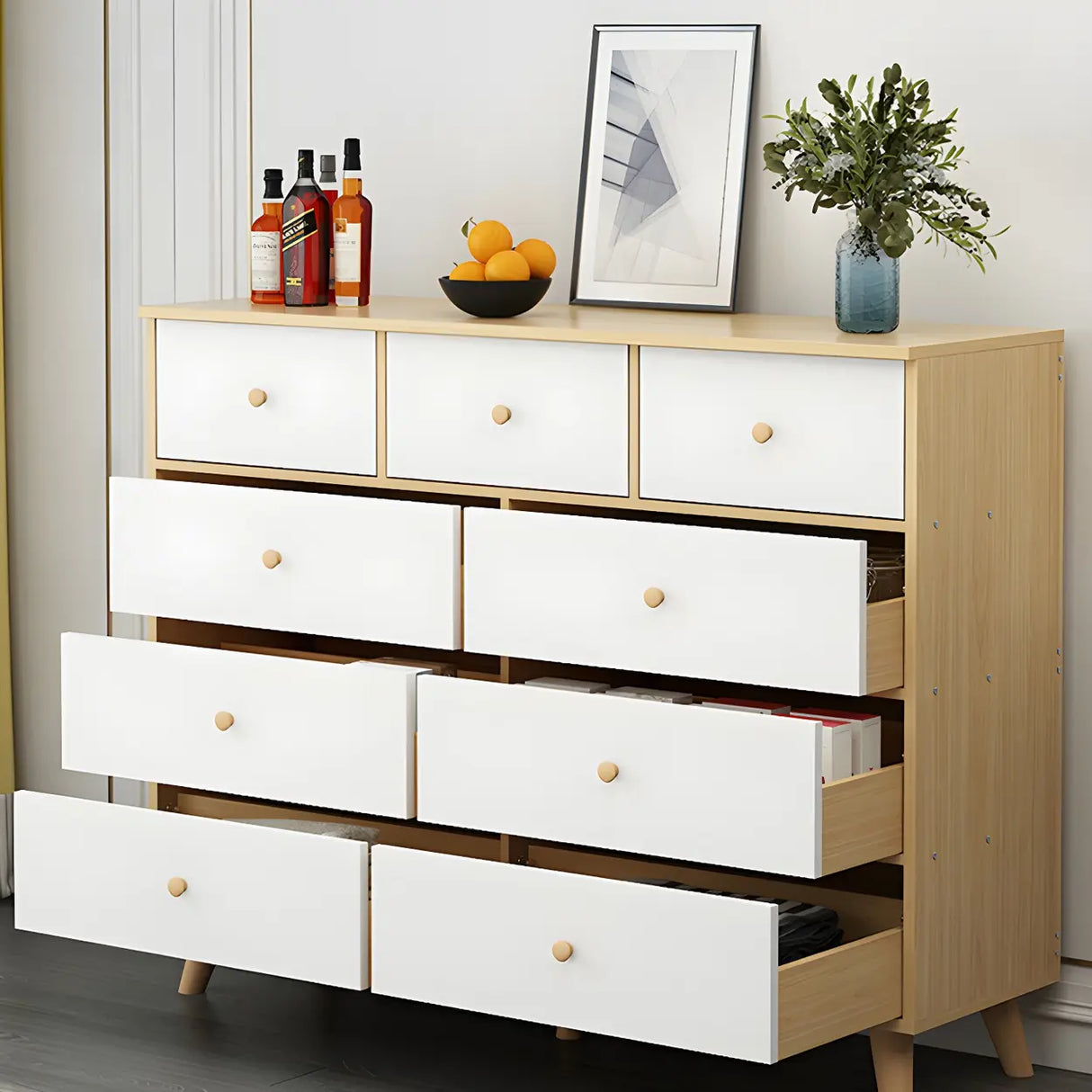 Natural Finish Wood Dresser for Nine Drawers Image - 12