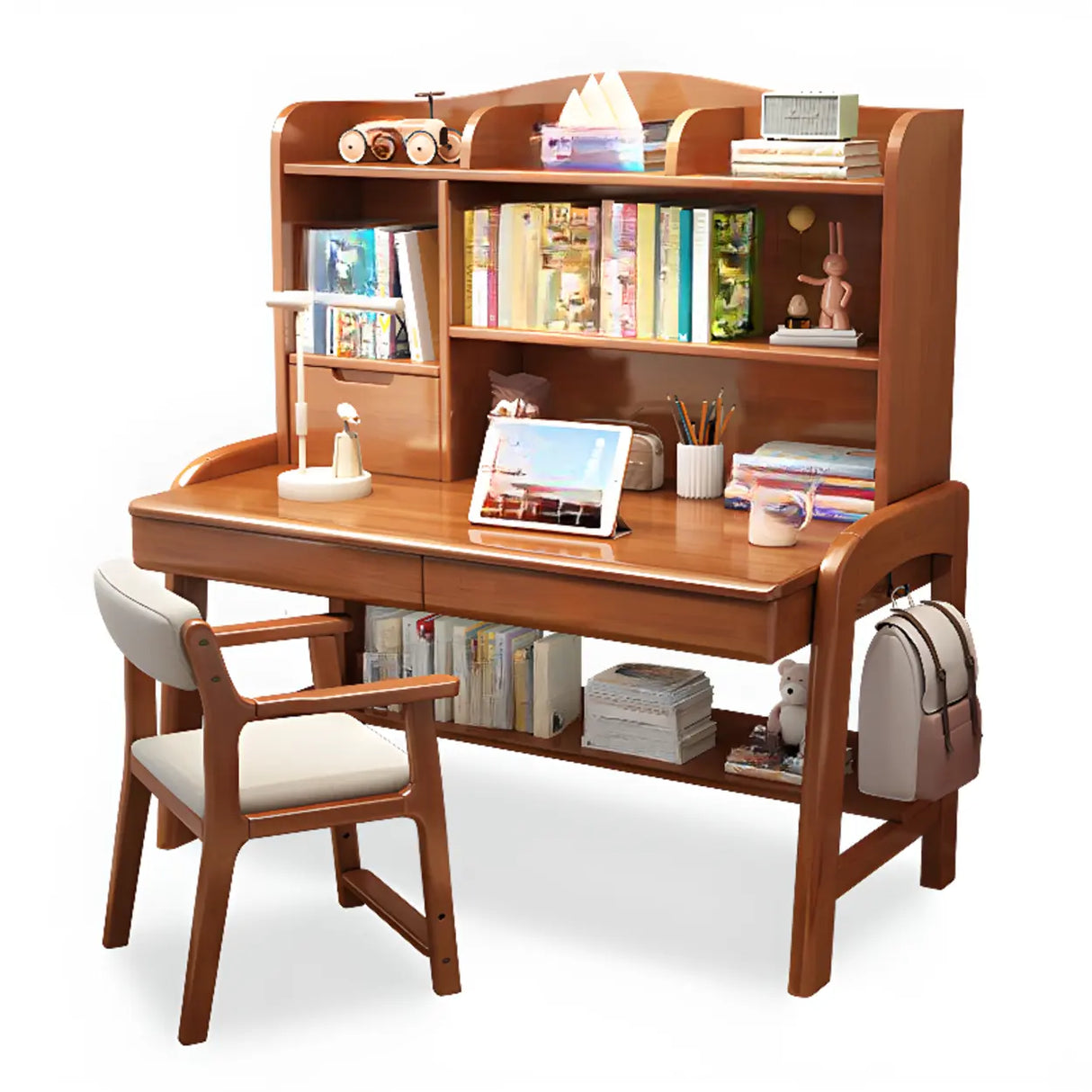 Natural Finish Wood Hutch Drawer Shelf Writing Desk Image - 10