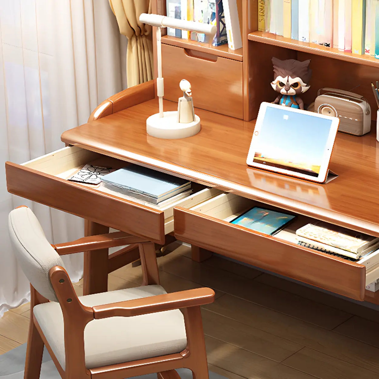 Natural Finish Wood Hutch Drawer Shelf Writing Desk Image - 13