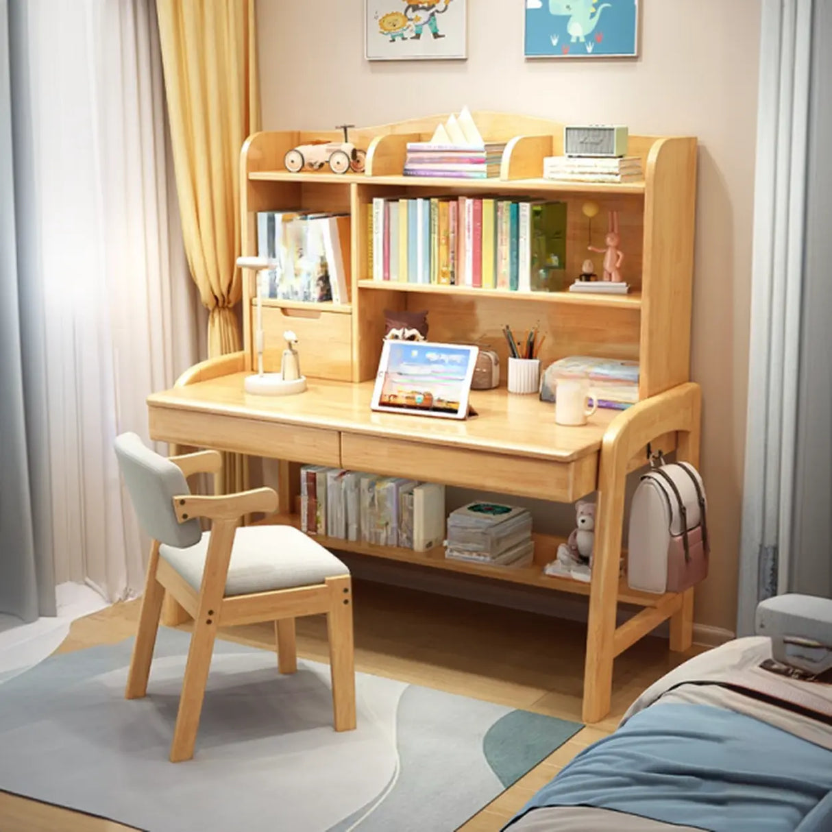 Natural Finish Wood Hutch Drawer Shelf Writing Desk Image - 1