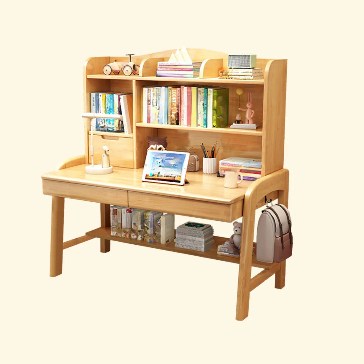 Natural Finish Wood Hutch Drawer Shelf Writing Desk Image - 2