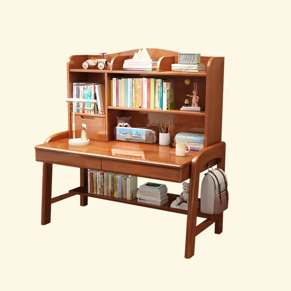 Natural Finish Wood Hutch Drawer Shelf Writing Desk Image - 3