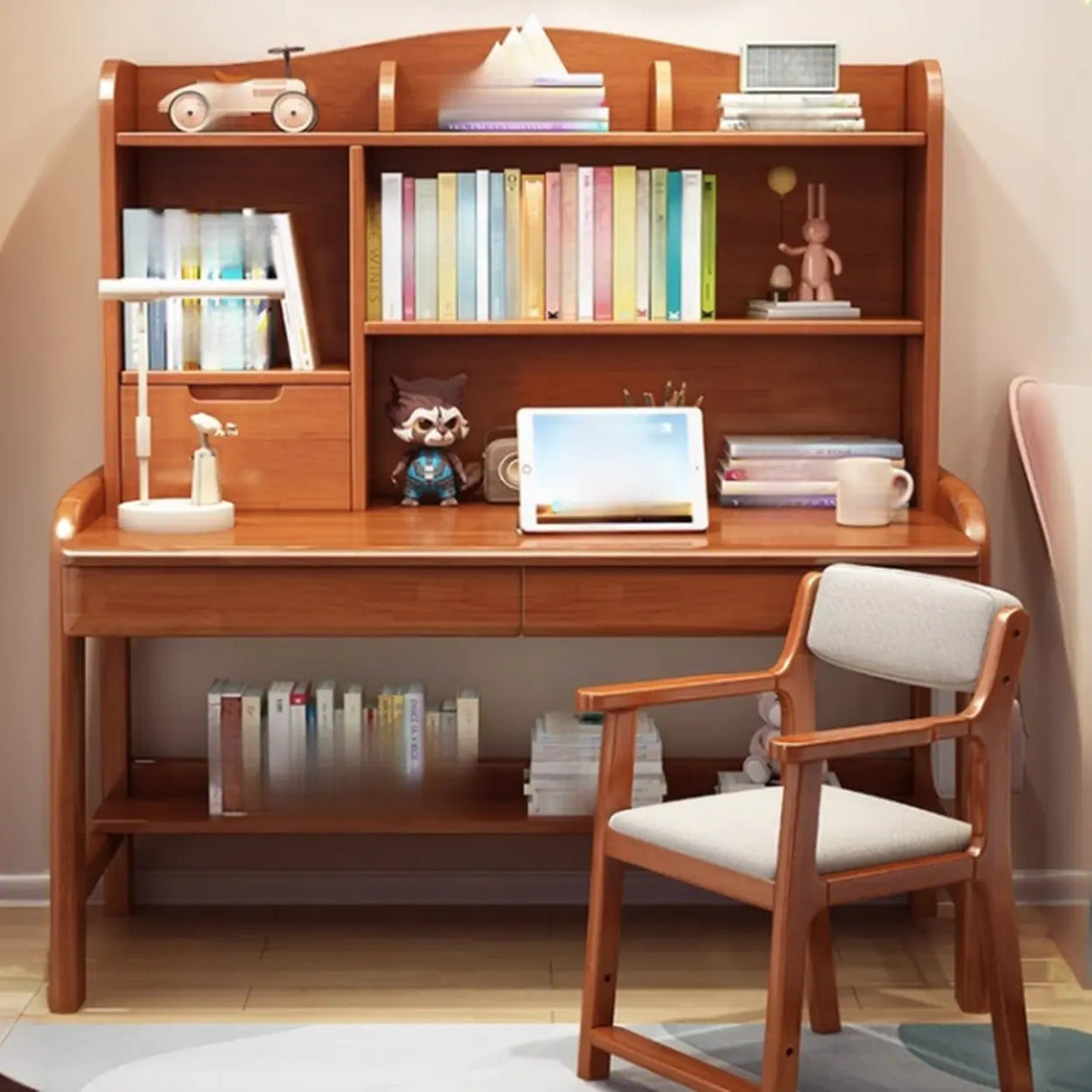 Natural Finish Wood Hutch Drawer Shelf Writing Desk Image - 4