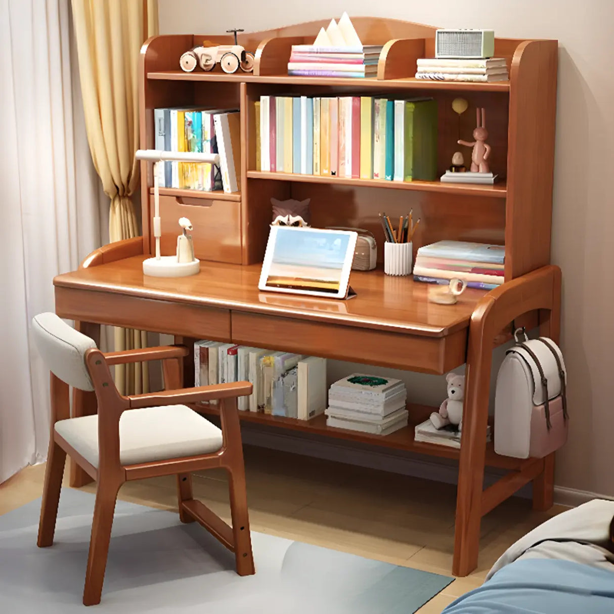 Natural Finish Wood Hutch Drawer Shelf Writing Desk Image - 6