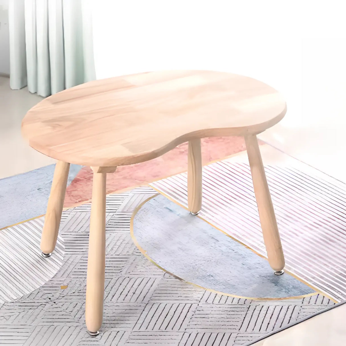 Natural Finish Wood Kidney Shape Fixed Height Kids Table Image - 1
