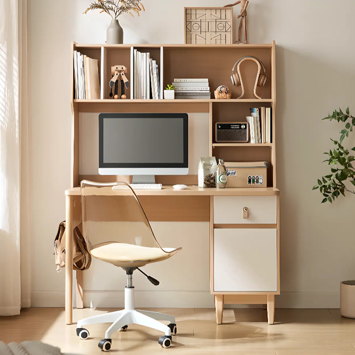Natural Finish Wood Kids Computer Desk with Cabinet Image - 1