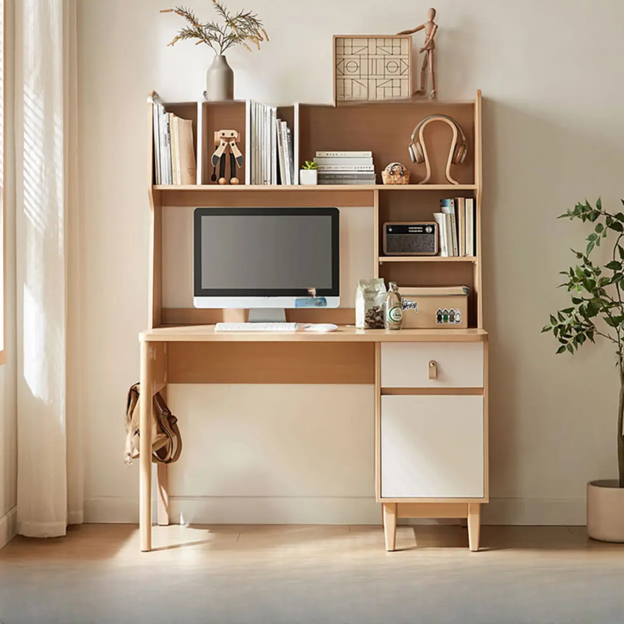 Natural Finish Wood Kids Computer Desk with Cabinet Image - 2