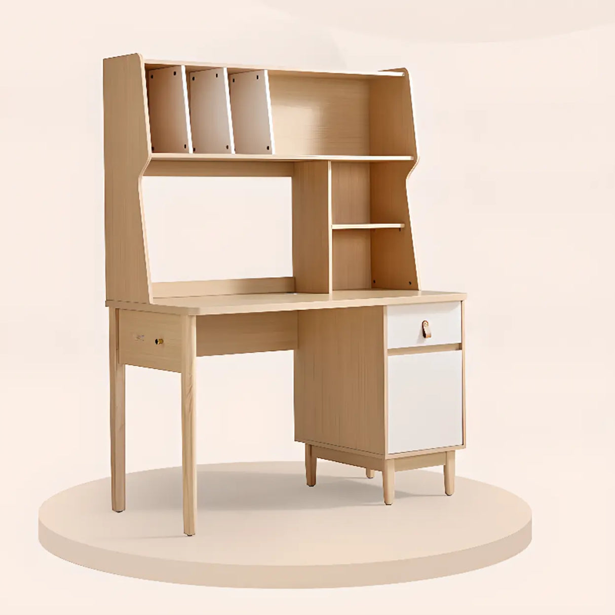 Natural Finish Wood Kids Computer Desk with Cabinet Image - 3