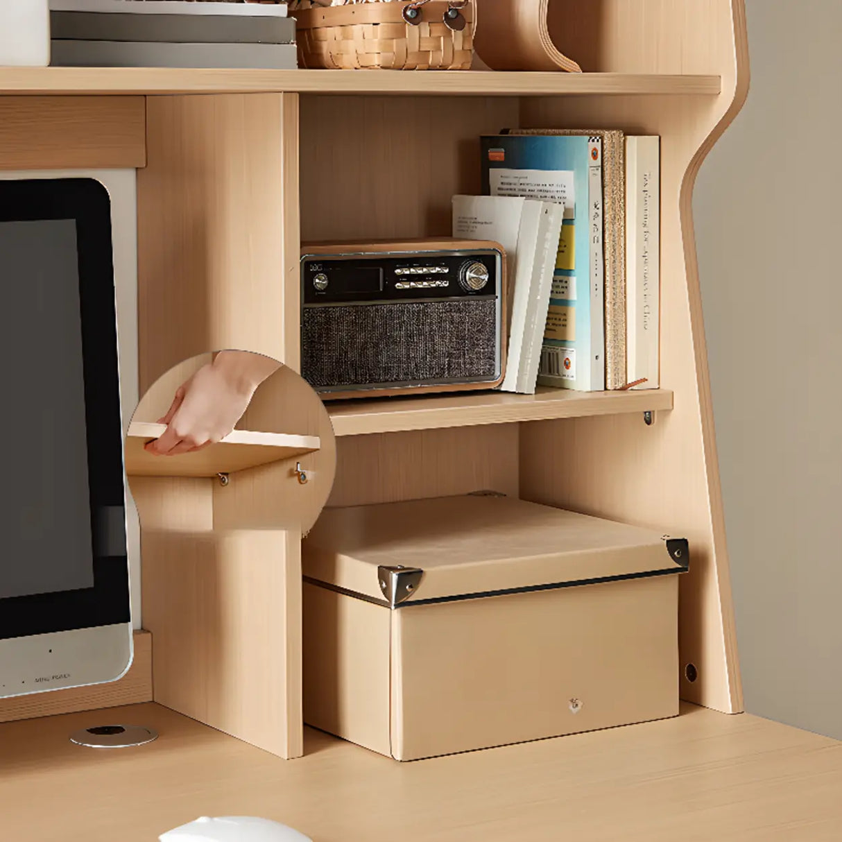 Natural Finish Wood Kids Computer Desk with Cabinet Image - 6