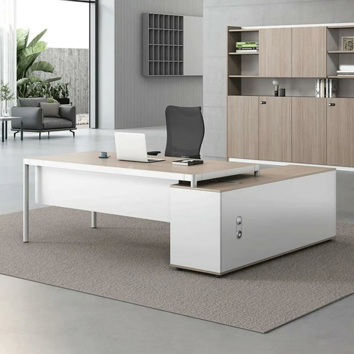 Natural Finish Wood L-Shape White Base Executive Desk Image - 1