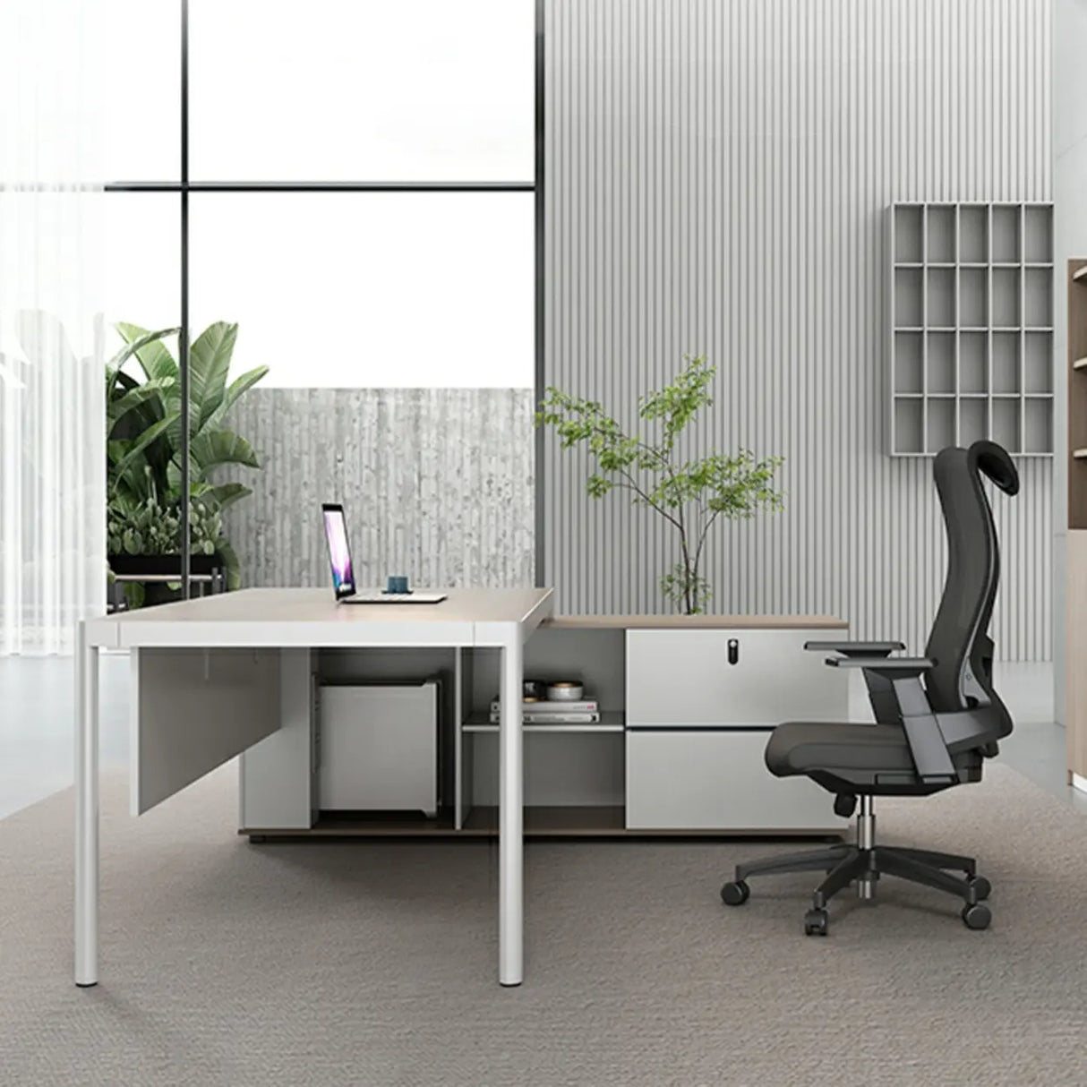 Natural Finish Wood L-Shape White Base Executive Desk Image - 10