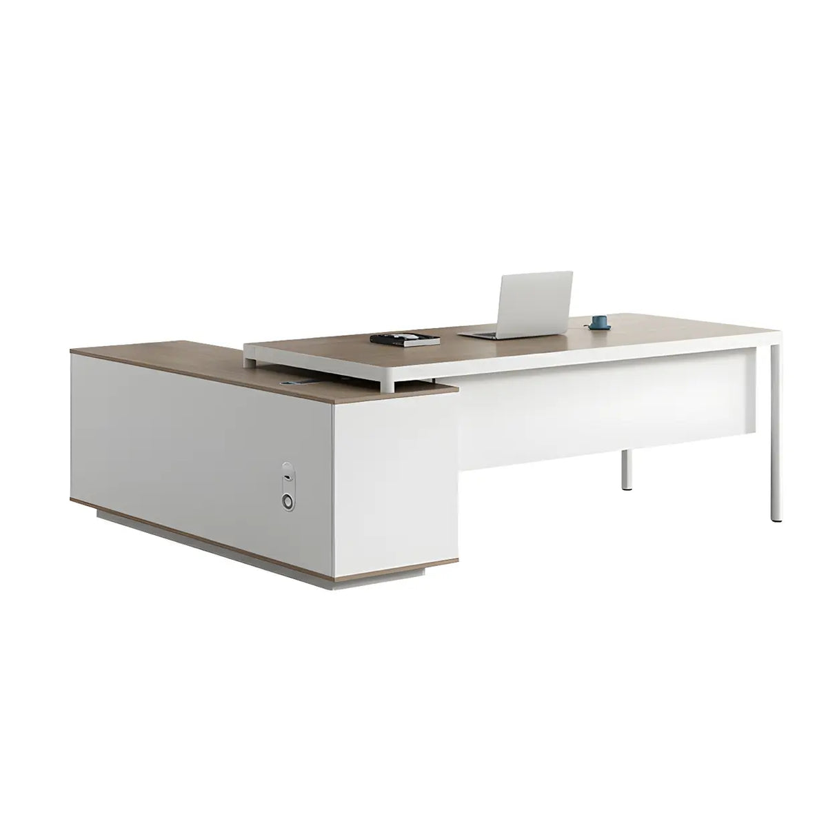 Natural Finish Wood L-Shape White Base Executive Desk Image - 2