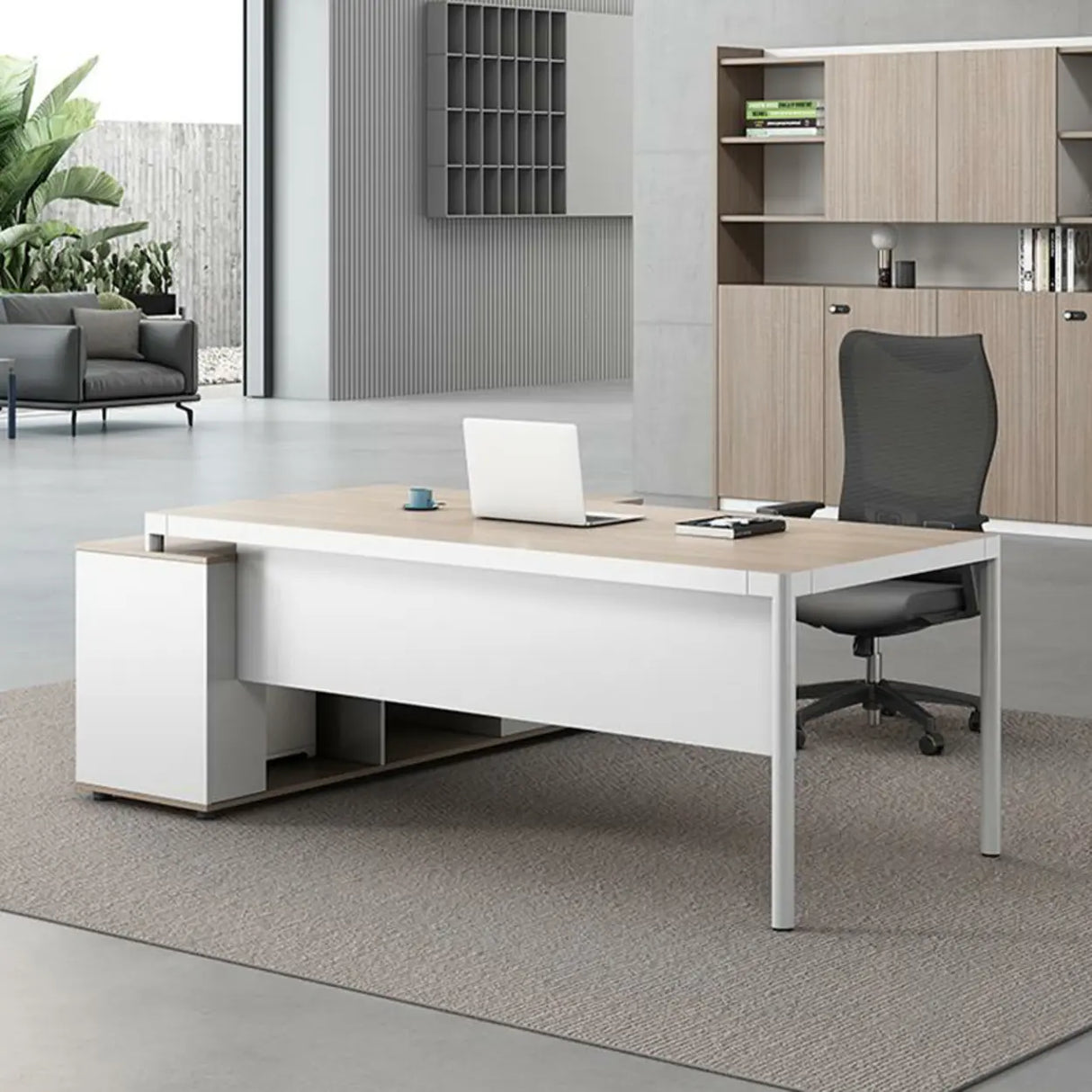Natural Finish Wood L-Shape White Base Executive Desk Image - 3
