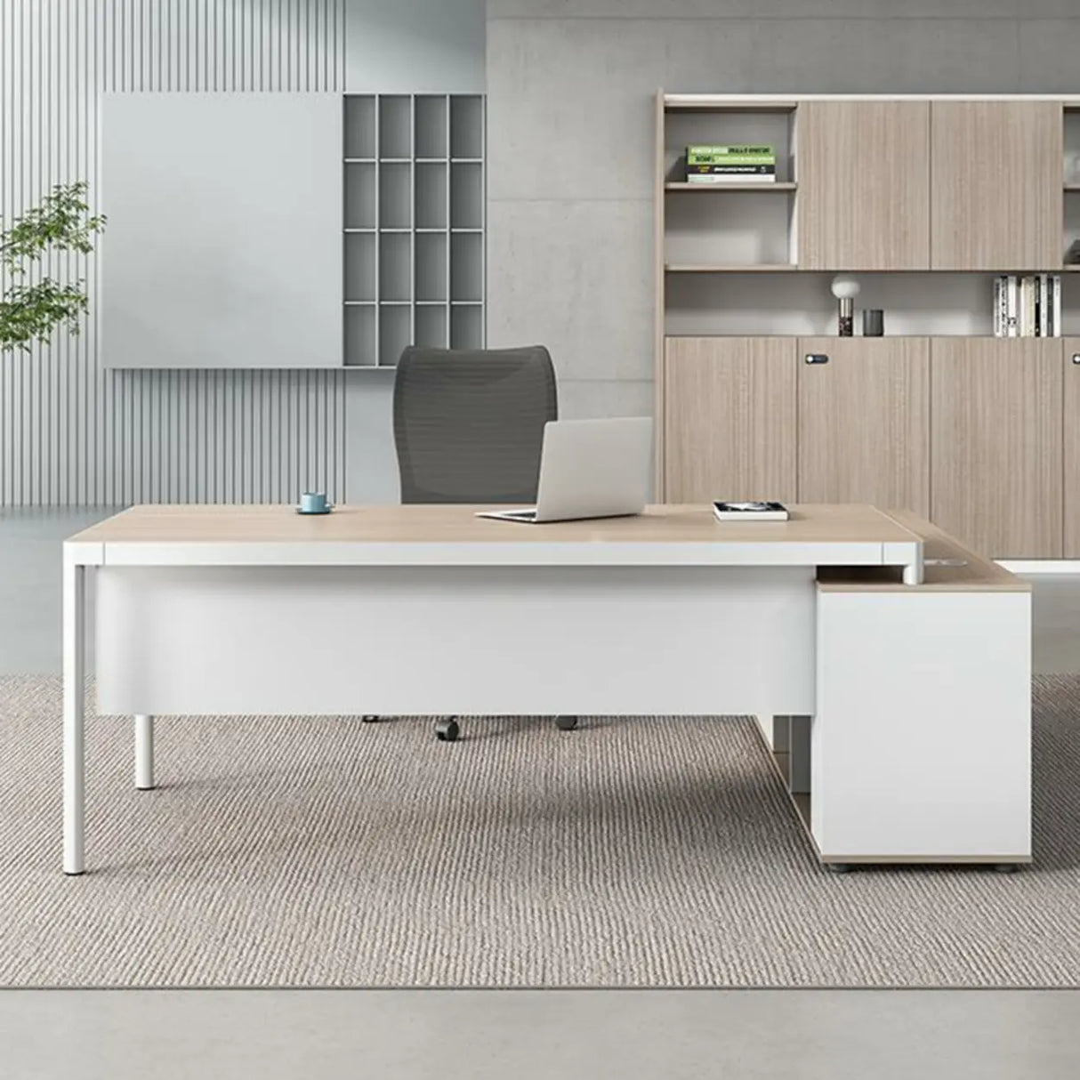 Natural Finish Wood L-Shape White Base Executive Desk Image - 4