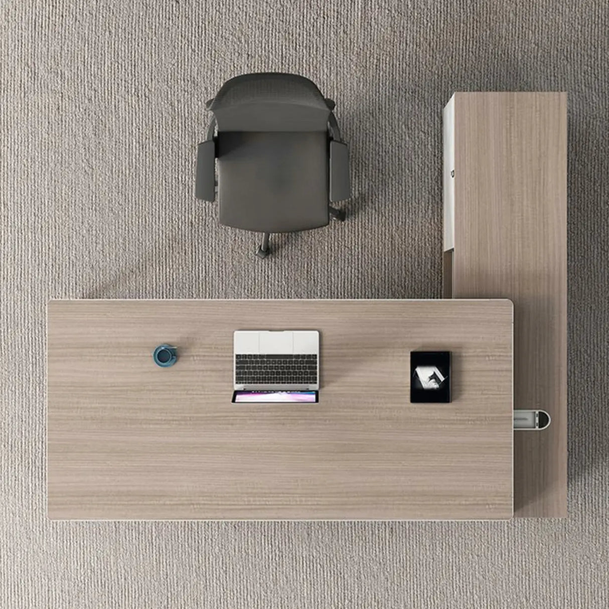 Natural Finish Wood L-Shape White Base Executive Desk Image - 5