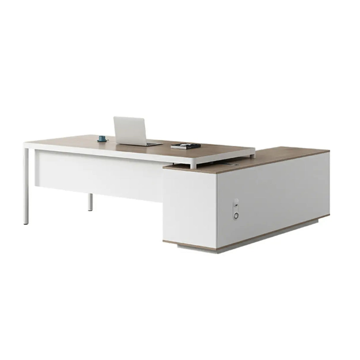 Natural Finish Wood L-Shape White Base Executive Desk Image - 6