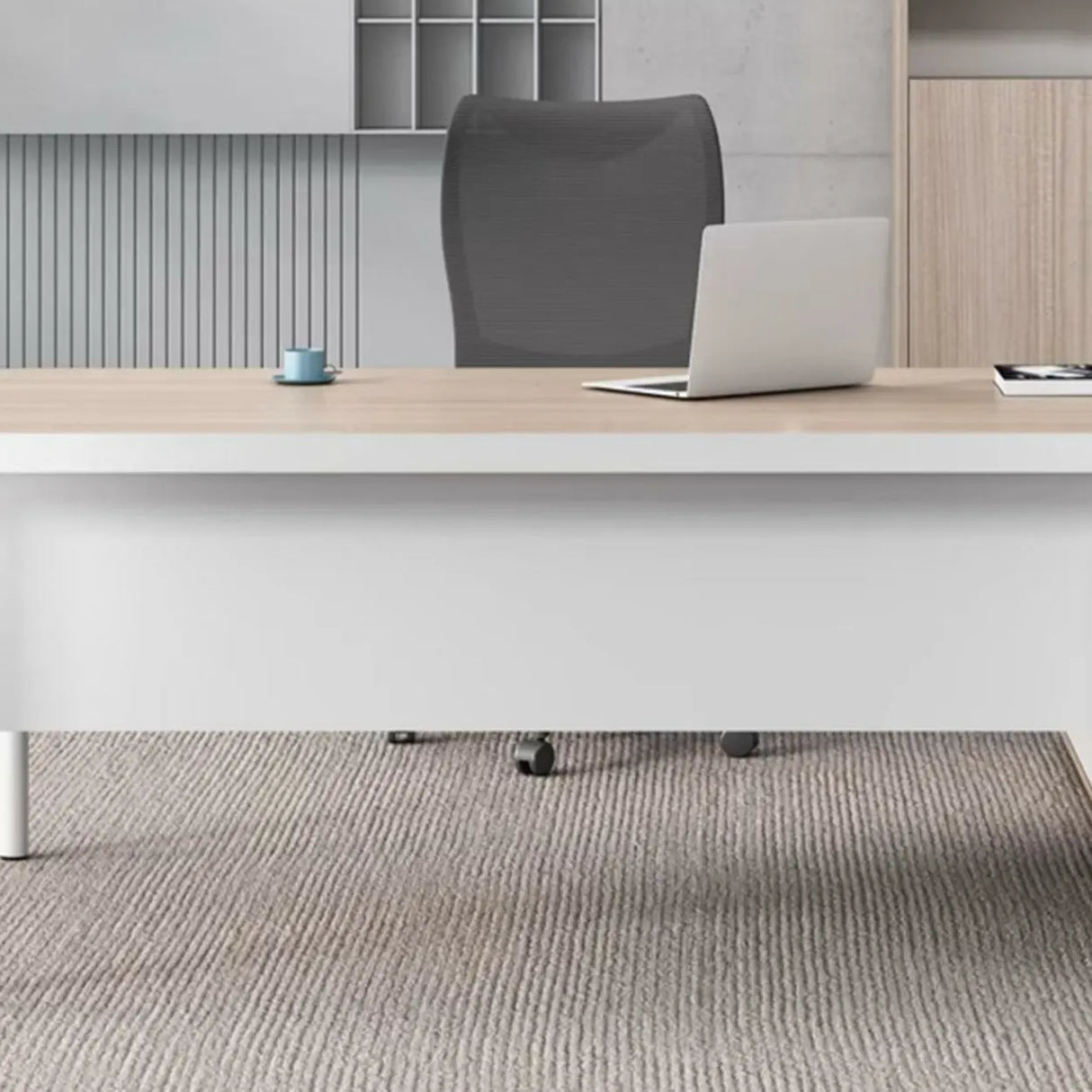 Natural Finish Wood L-Shape White Base Executive Desk Image - 7