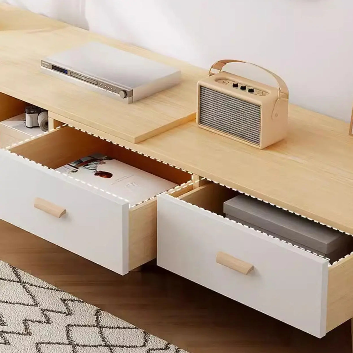 Natural Finish Wood Rectangle Two Drawers TV Stand Image - 10