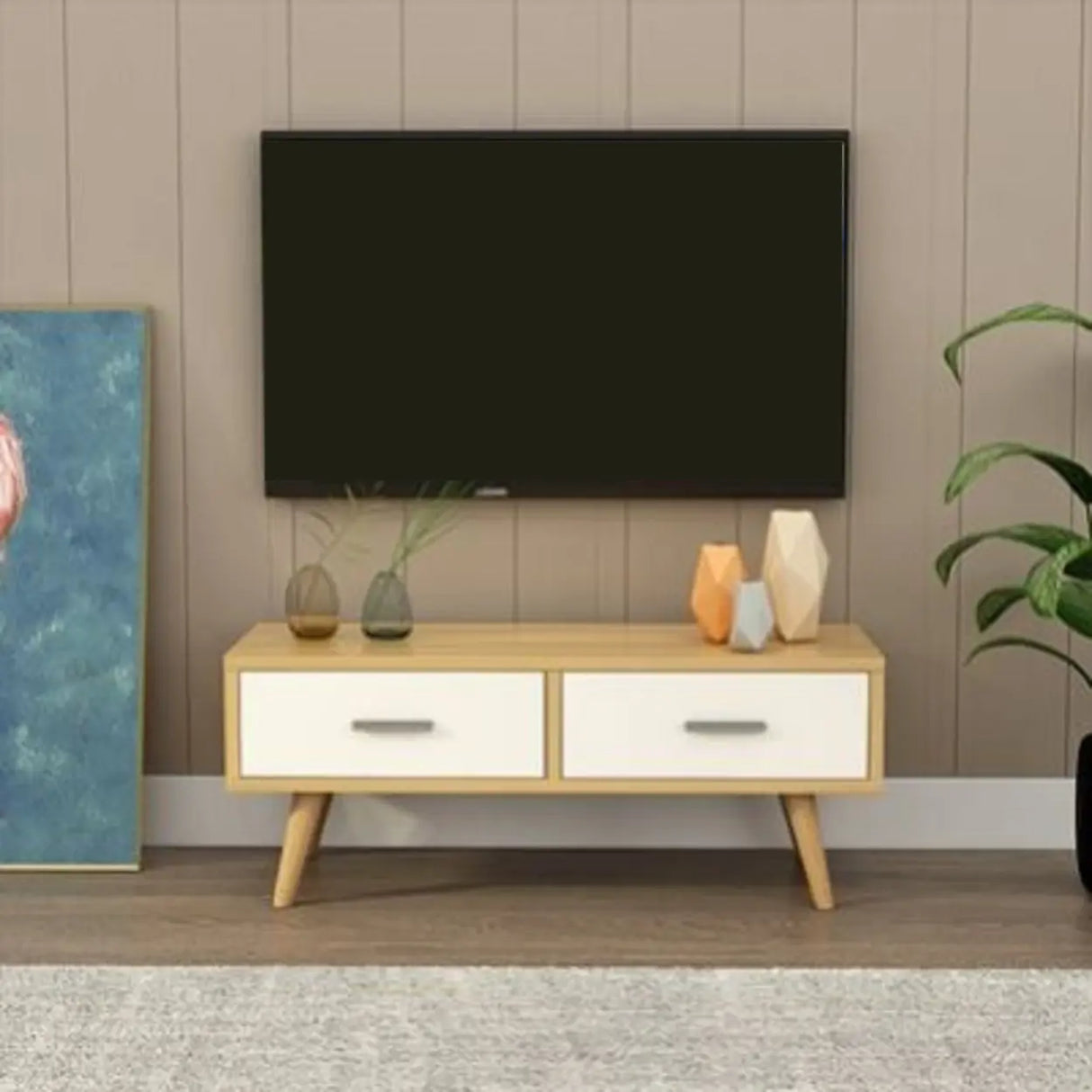 Natural Finish Wood Rectangle Two Drawers TV Stand Image - 1