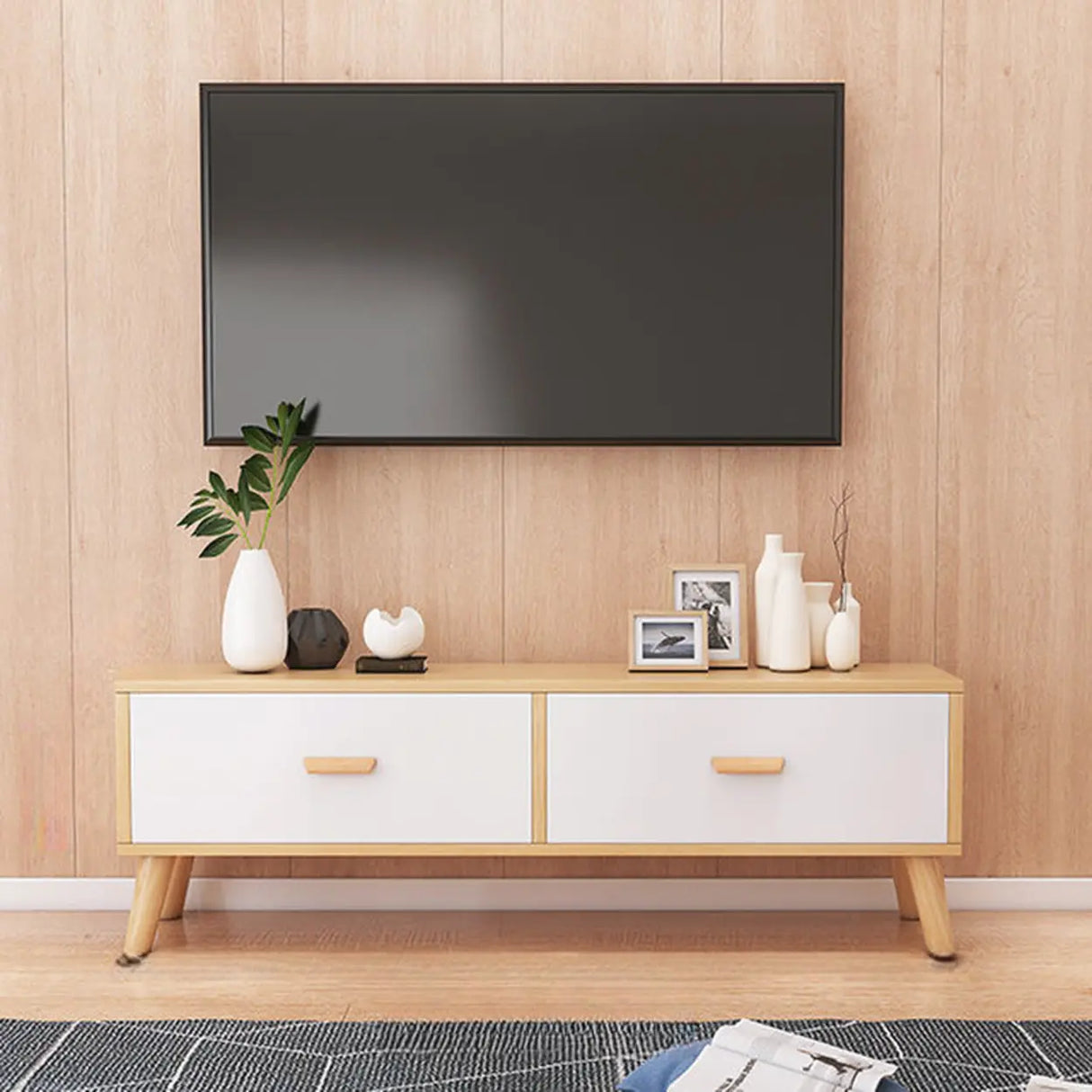 Natural Finish Wood Rectangle Two Drawers TV Stand Image - 2