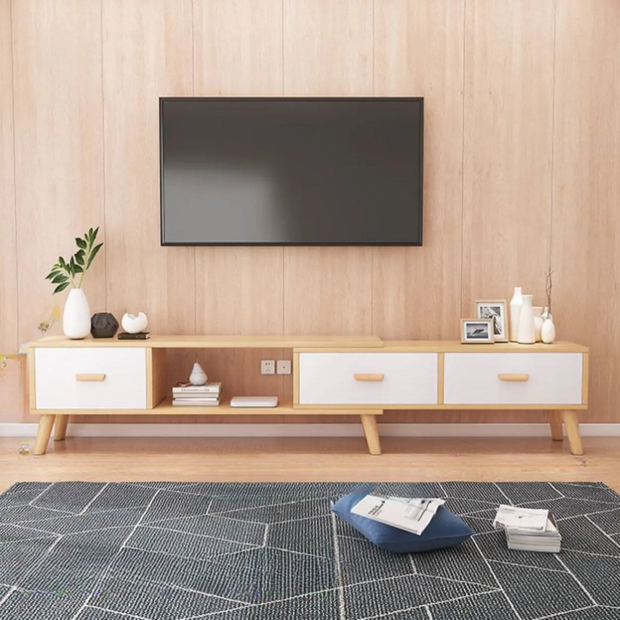 Natural Finish Wood Rectangle Two Drawers TV Stand Image - 3