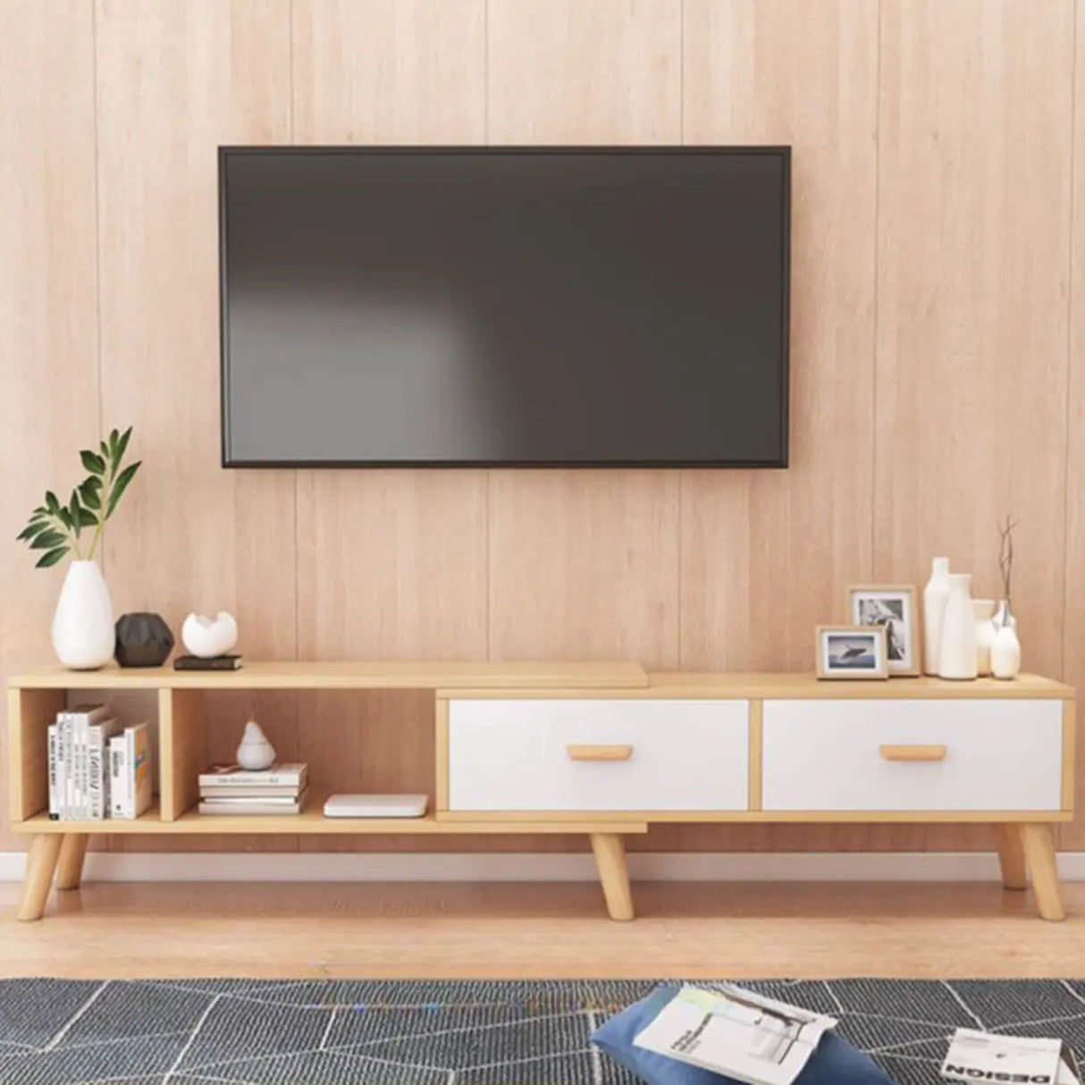 Natural Finish Wood Rectangle Two Drawers TV Stand Image - 5