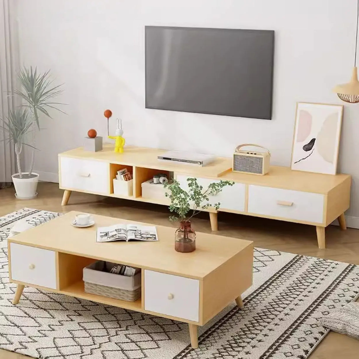 Natural Finish Wood Rectangle Two Drawers TV Stand Image - 6